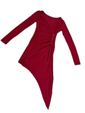Asymmetrical Burgundy Long Sleeve Dress with Zipper Detail. Fashion Nova Size S