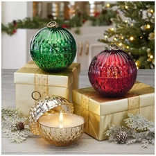 GLASS ORNAMENT W/ LED CANDLE SET 3 PIECES 1784926, GREEN/RED/GOLD