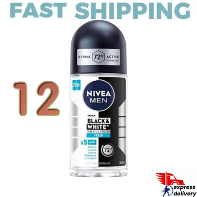 12X NIVEA MEN Black & White Invisible Fresh Anti-Perspirant Roll-On 50ml 72 H
