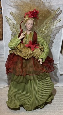 Christmas Fairy Angel Tree Table Topper Gold Green Glittery Figurine Tall Winged