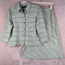 Finity Vintage 2 Piece Skirt Set Green Blue Stripe Knit Leaf Button Jacket Sz 6