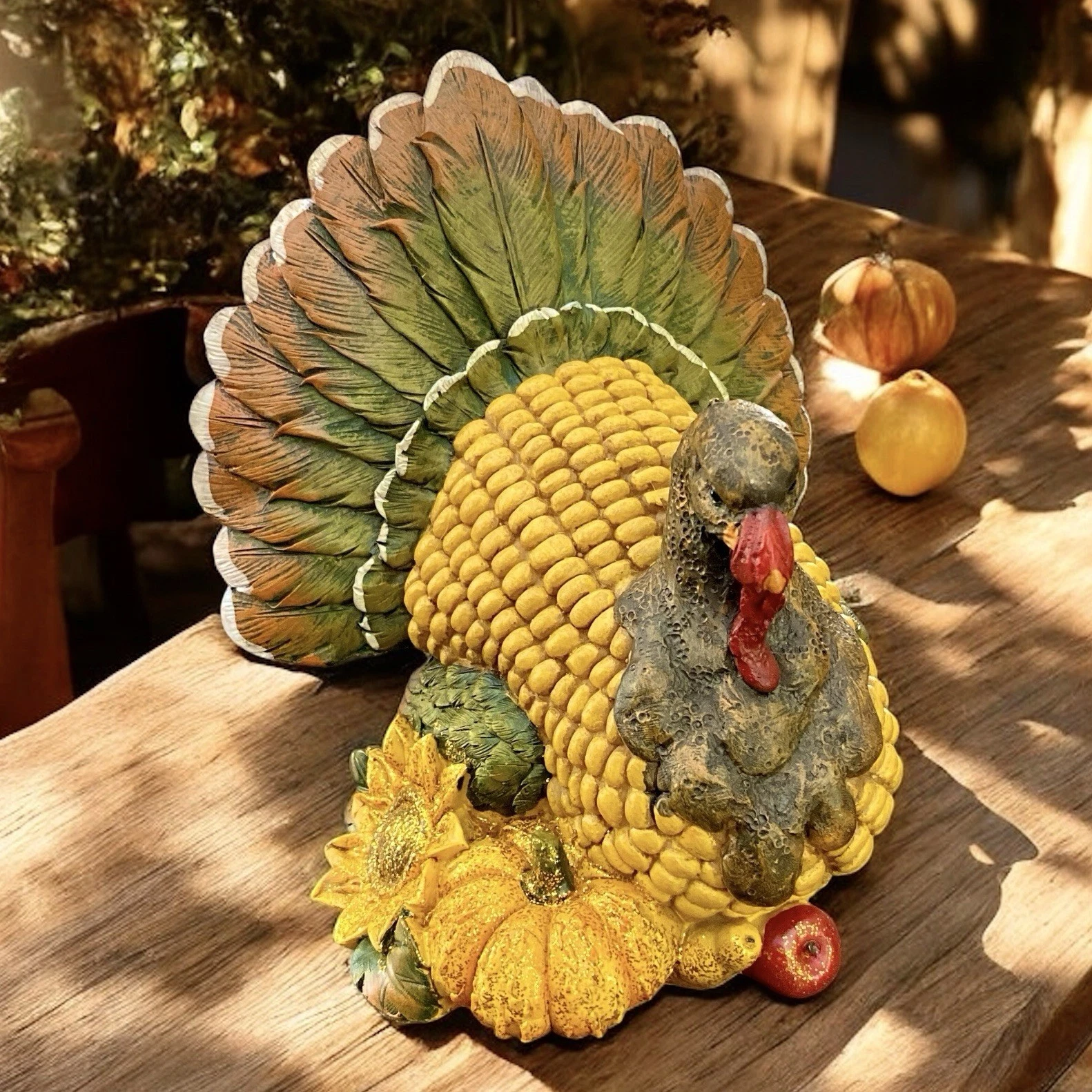 Thanksgiving Turkey Centerpiece Wood Like Resin Table Decor 7"x8"
