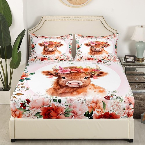 Cute Highland Cow Sheet Set Twin Size Kids Cartoon Animal Sheets with Deep Po - Picture 4 of 7