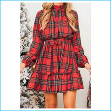 Red Plaid Belted Mini Dress Medium Stand Collar Frill Hem