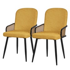 Chaises salle à manger tissu moutarde accoudoirs en rotin pieds métal lot de 2