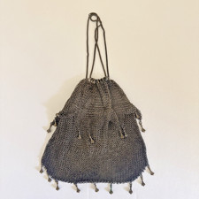 Antique Metal Mesh Drawstring Coin Purse Silver Tone