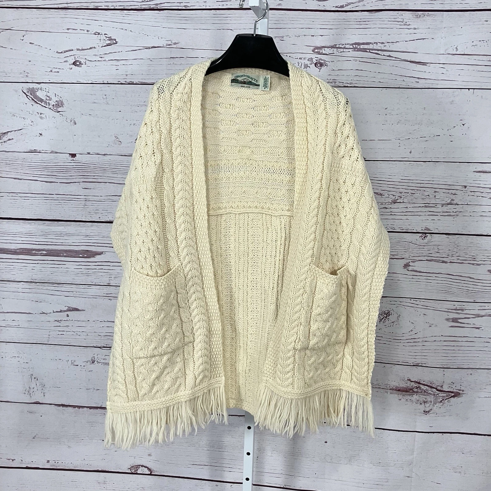 Aran Crafts Irish Merino Wool Poncho Cape Shawl Cream Cable Knit Fringe One Size
