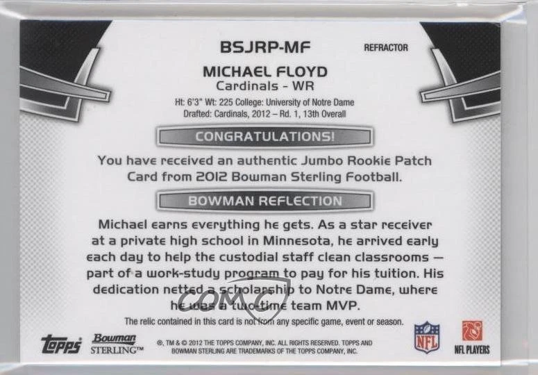 2012 Bowman Sterling Black Refractor /45 Michael Floyd #BSJRP-MF Jumbo Patch RC - Image 2 of 2