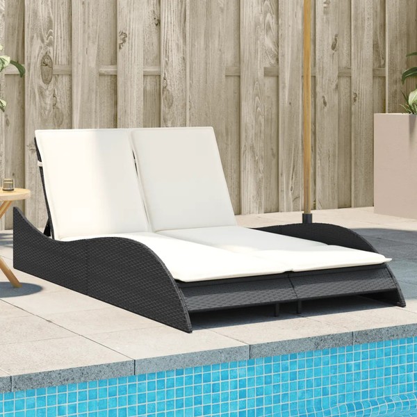 Sonnenliege Mit Auflagen Outdoor Poly Rattan Schwarz 114X205X73 Cm-image