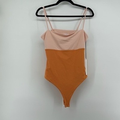 Susana Monaco Color Block Bodysuit Pink Sand Tango Square Neckline XL NWT