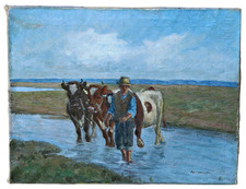 Paisaje de Axel Hansen con campesinos y vacas pintura al óleo firmada pintura original