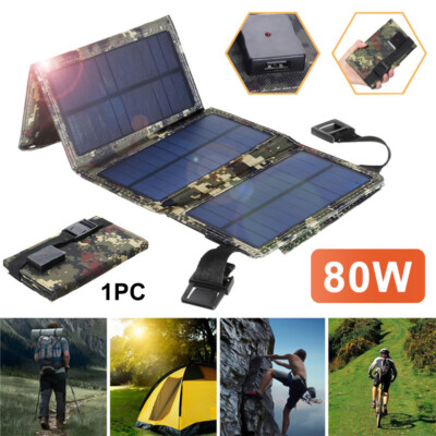 80W USB Solar Panel Folding Power Bank Outdoor Camping Hiking Phone Charger USA