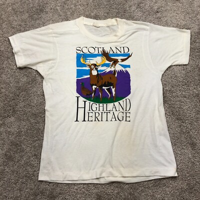 Vintage Single Stitch SCOTLAND Shirt Mens Medium Crew Highland Eagle Deer Resort