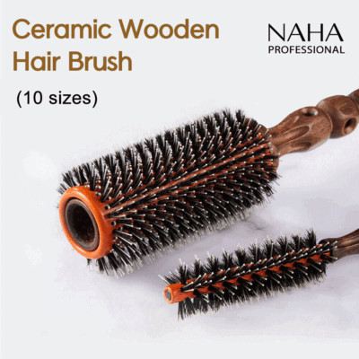 Ceramic Wood Round Hairbrush Boar Bristles Roll Styling Hair Dresser_Je4_w11