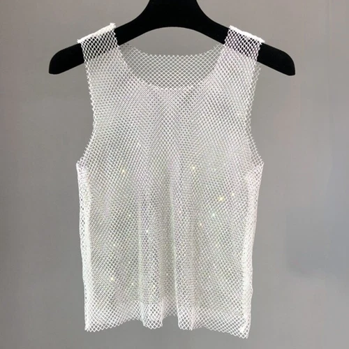 Damen Kristall Mesh Camisole Tank Top Glitzer glänzend ausgehöhlt Weste Weste - Bild 8 von 25