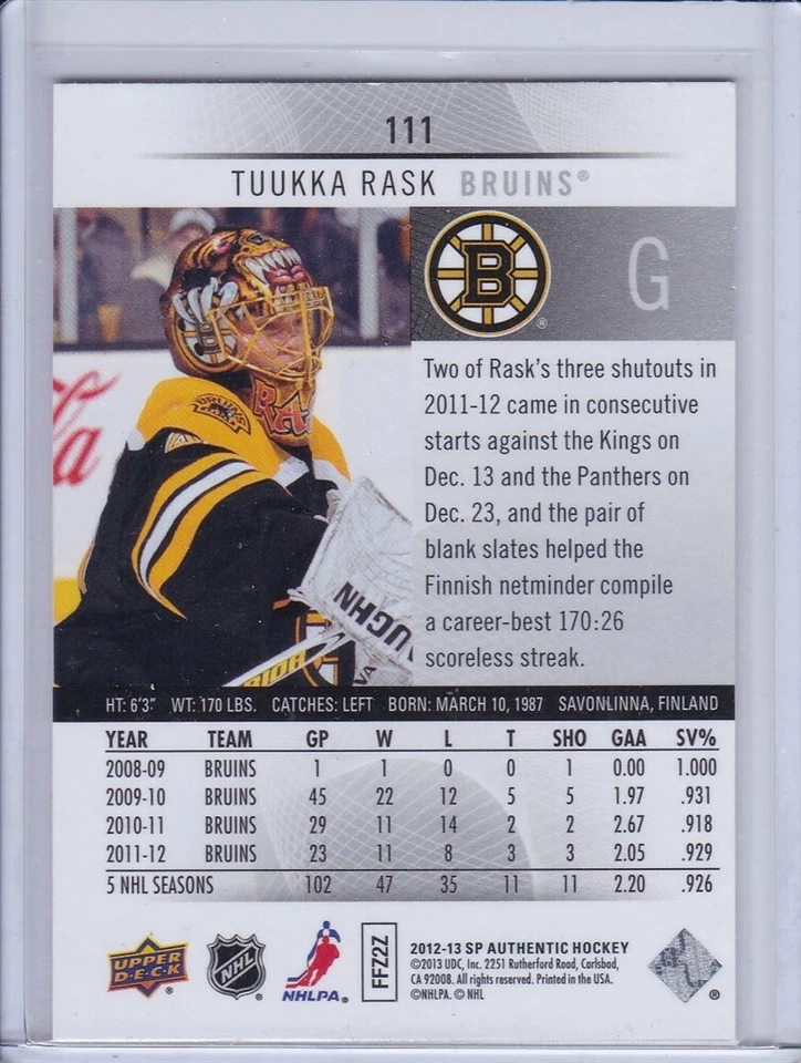 Tuukka Rask 2012 SP Authentic Hockey Card 111 - Image 2 of 2