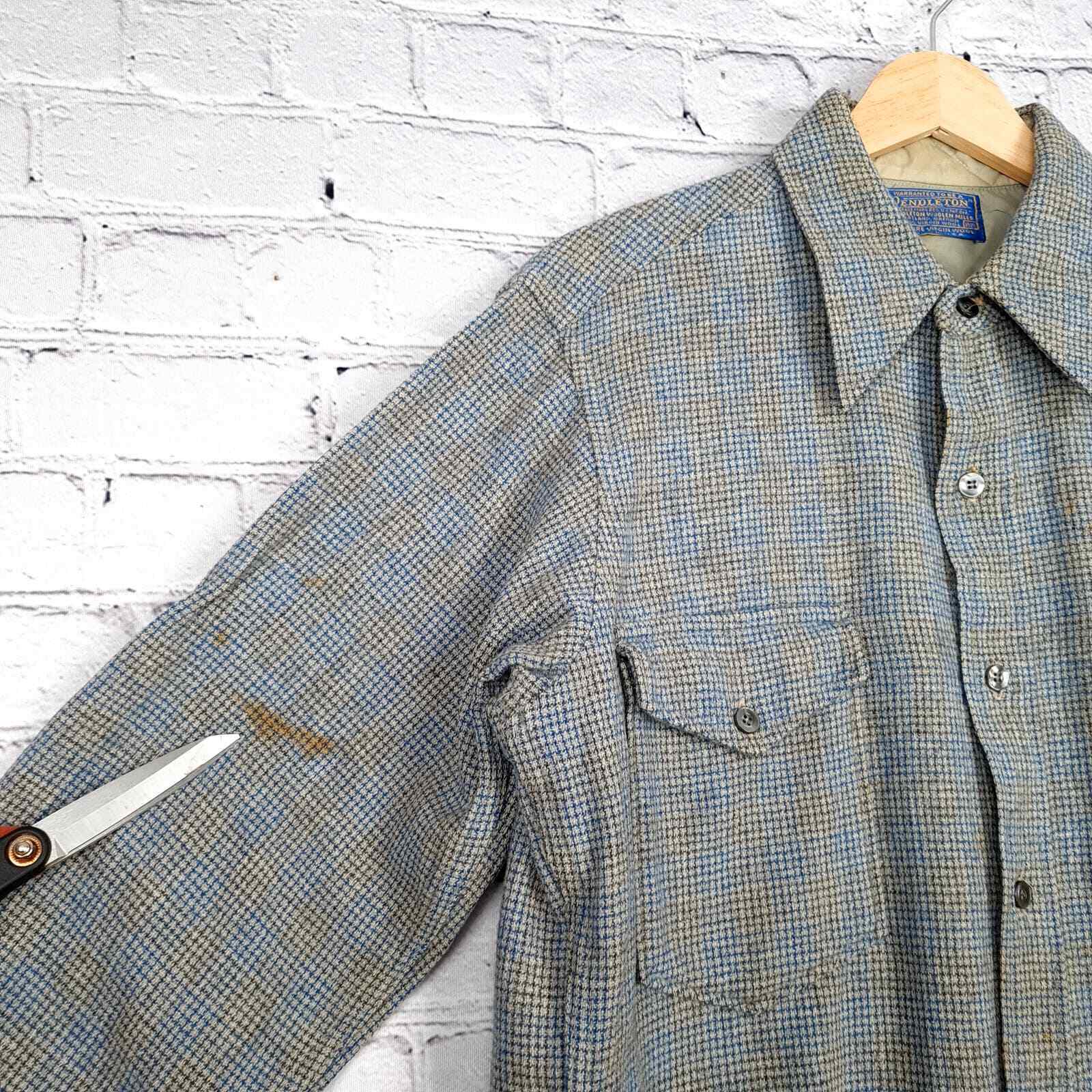 Vntg Pendleton Wool Shirt Mens 15.5 Blue Gray Che… - image 4
