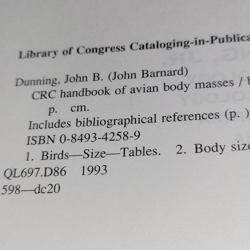 CRC Handbook of Avian Body Masses Dunning CRC-Press HC 1992 1st ed - Picture 3 of 9