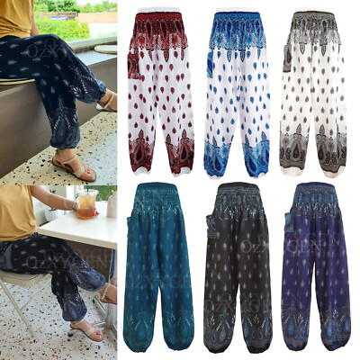New Ladies Smock Harem Pants Baggy Bohemian Boho Hippie Aladdin Yoga Trousers HP