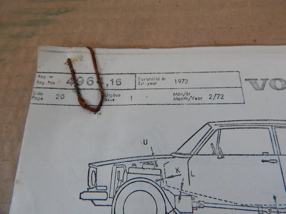 DISEGNO TECNICO E DATI ORIGINALE 1972 VOLVO 142 - Immagine 3 di 4