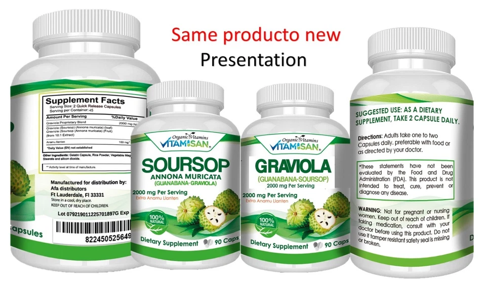 Guanábana Graviola 2000 mg x/porción 360 cápsulas guanábana suministro para 6 meses Annona Foto 2 de 4