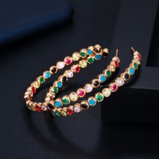 CWWZircons CZ Gold Plated Big Round Rainbow Hoop Earrings for Women Girls Gift