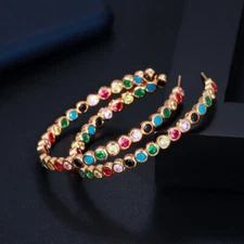 CWWZircons CZ Gold Plated Big Round Rainbow Hoop Earrings for Women Girls Gift