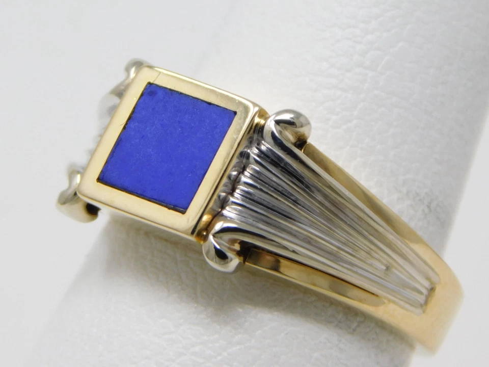 Anillo cuadrado de losa de lapislázuli de oro amarillo y blanco de 14 kt talla 6 1/4 B6069 Foto 3 de 4