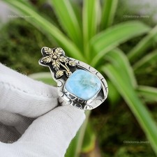 Natural Larimar Gemstone 925 Silver Solitaire Flower Adjustable Ring For Girls