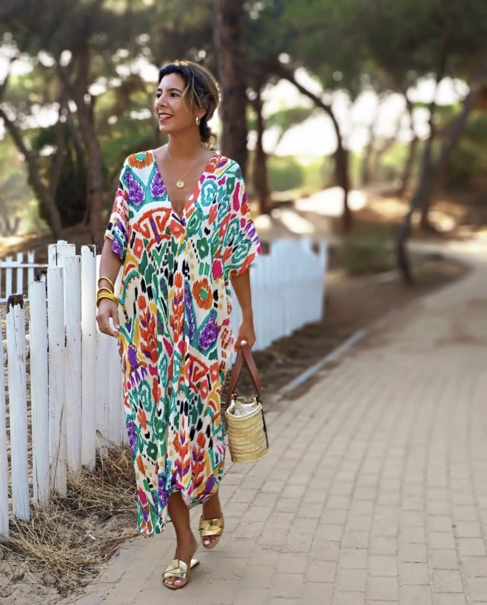 大型 NEW ETHNIC Seidea Print Design BLUE GEO PRINT KAFTAN WITH METAL HIGHLIGHT AND TRIANGLE BORDER
