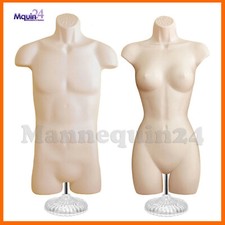 MALE  FEMALE MANNEQUIN TORSO SET - 2 Flesh Body Forms with 2 Stands  2 Hangers