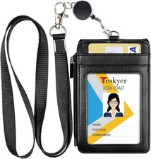 Leather Badge Holder with Lanyard and Retractable Badge Reel, 4 Card Slots ID Ca