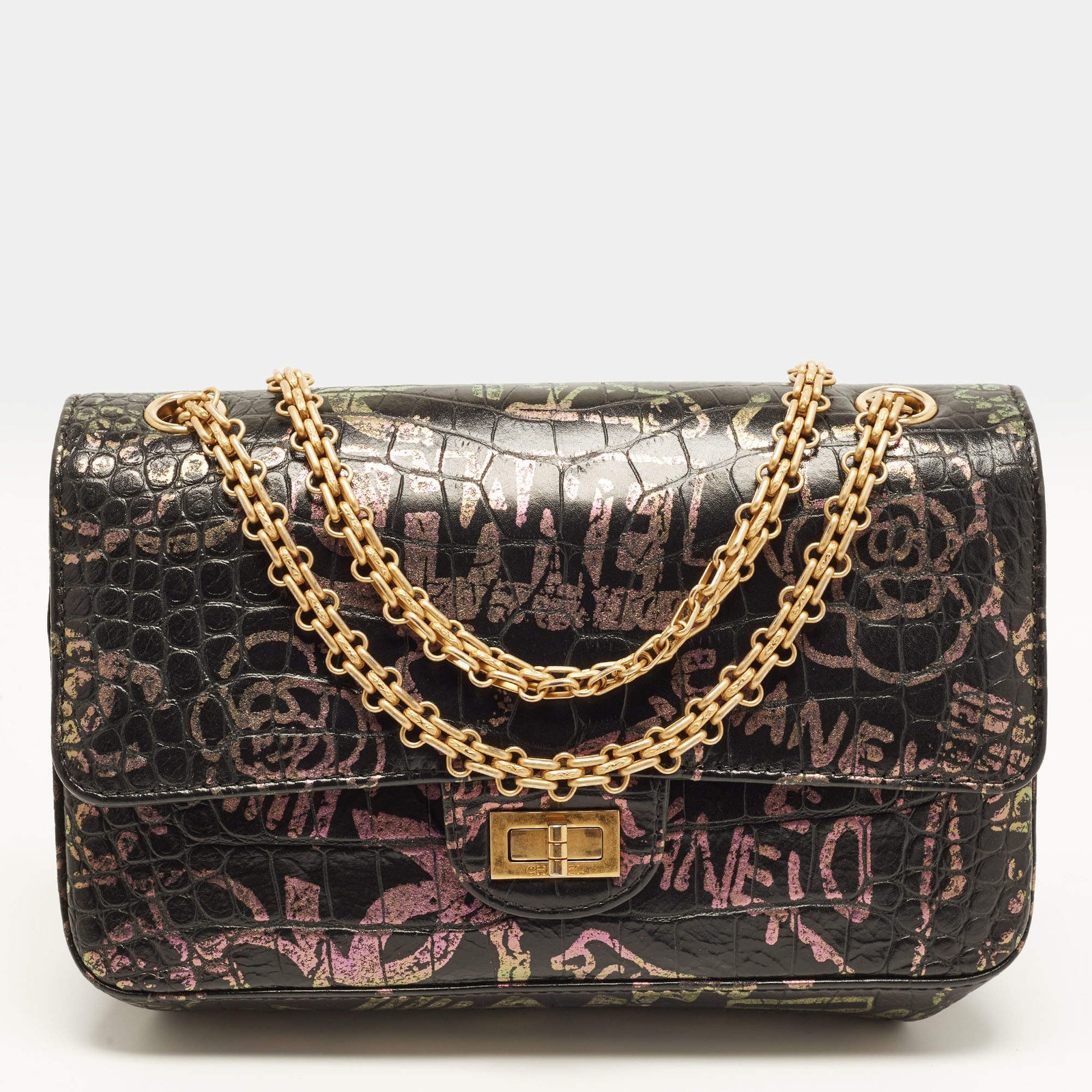 Chanel Reissue 2.55 Graffiti Print 225 Black Croc Embossed Leather Bag