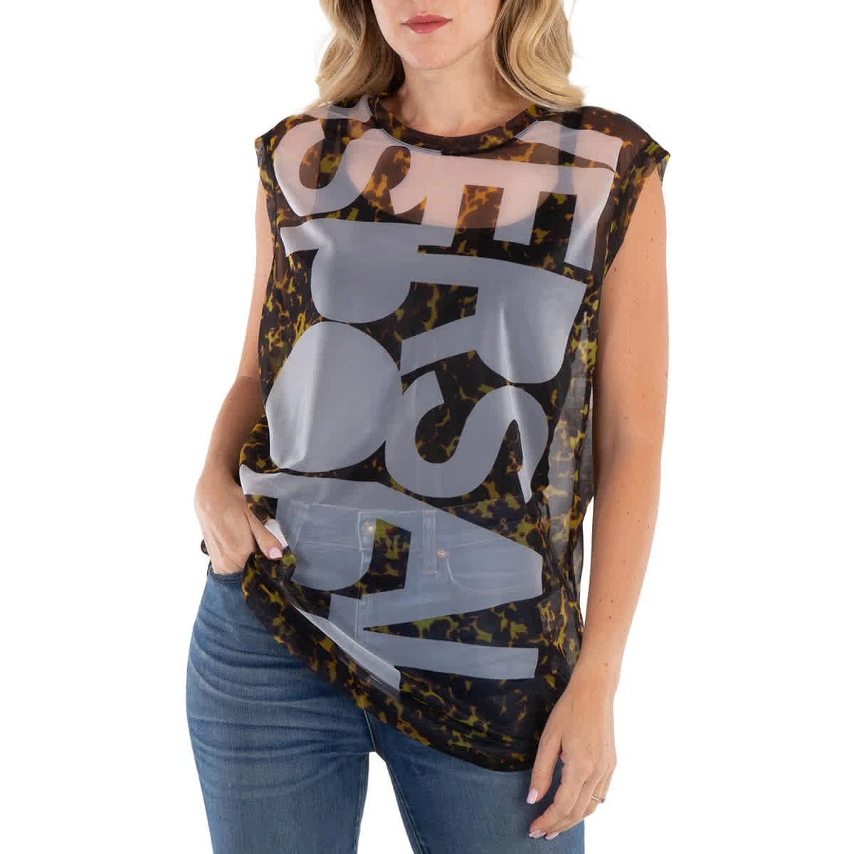 Burberry Pale Ochre Slogan Print Sleeveless Top