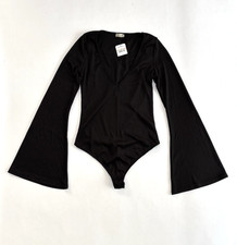 Free People Charli Bodysuit Bell Sleeve V Neck Ribbed Black NWT - Small