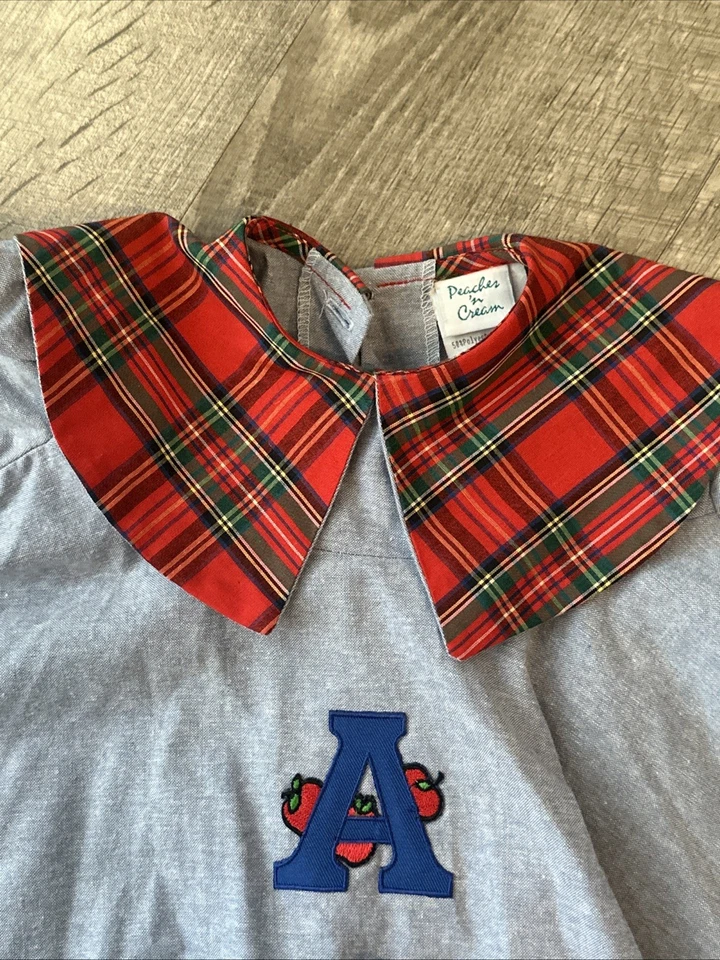 Vintage 1980s Peaches’ N Cream Blue & Plaid School Dress Size 2T Embroidered ABC - Image 2 of 4