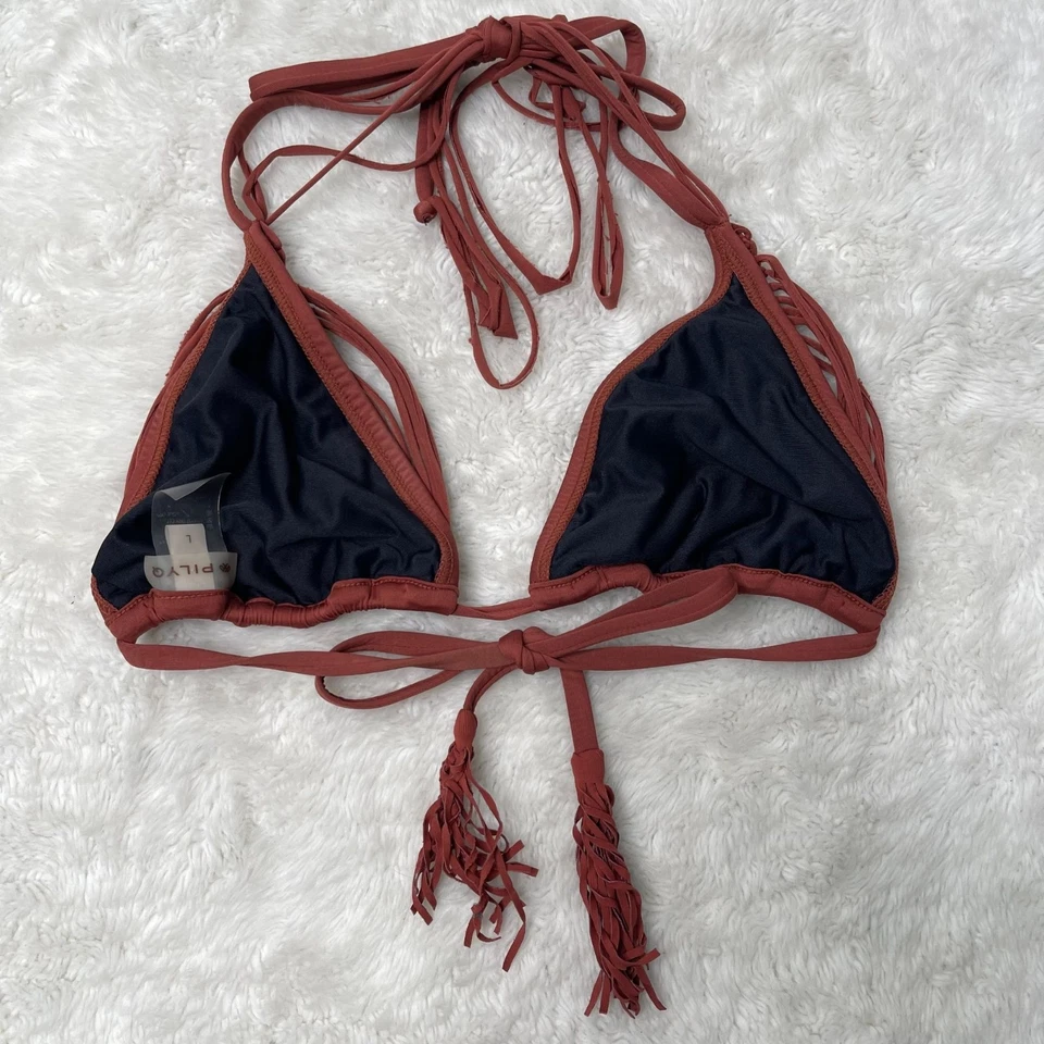 Top de natación de bikini triángulo trenzado isla marrón talla grande PilyQ para mujer Foto 4 de 4