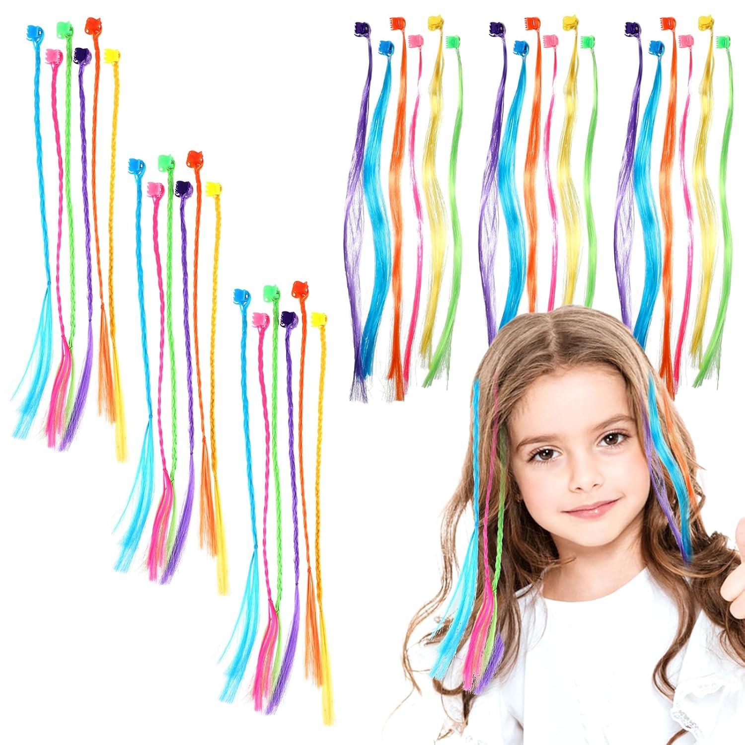 36 Pack Colored Hair Extensions for Girls, Clip-In, 33Cm Length, Pink, Blue, Pur