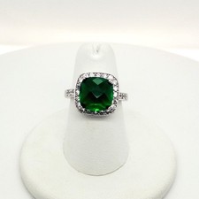 925 Sterling Silver Cushion Cut Emerald Green Gemstone With CZ"s Ring Size 6