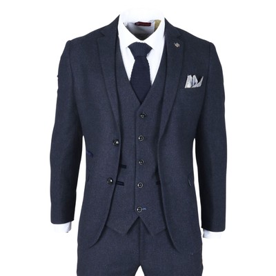 Marineblauer 3-teiliger Herrenanzug Wollmischung Tweed Paul Andrew