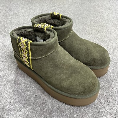 UGG Classic Ultra Mini Braid Platform Boot Size 11 Burnt Olive Suede Sheepskin