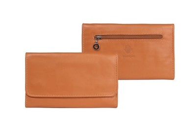 Women's Italian Leather Bifold Wallet   12 Card Slots, ID Window, Zip   Camel