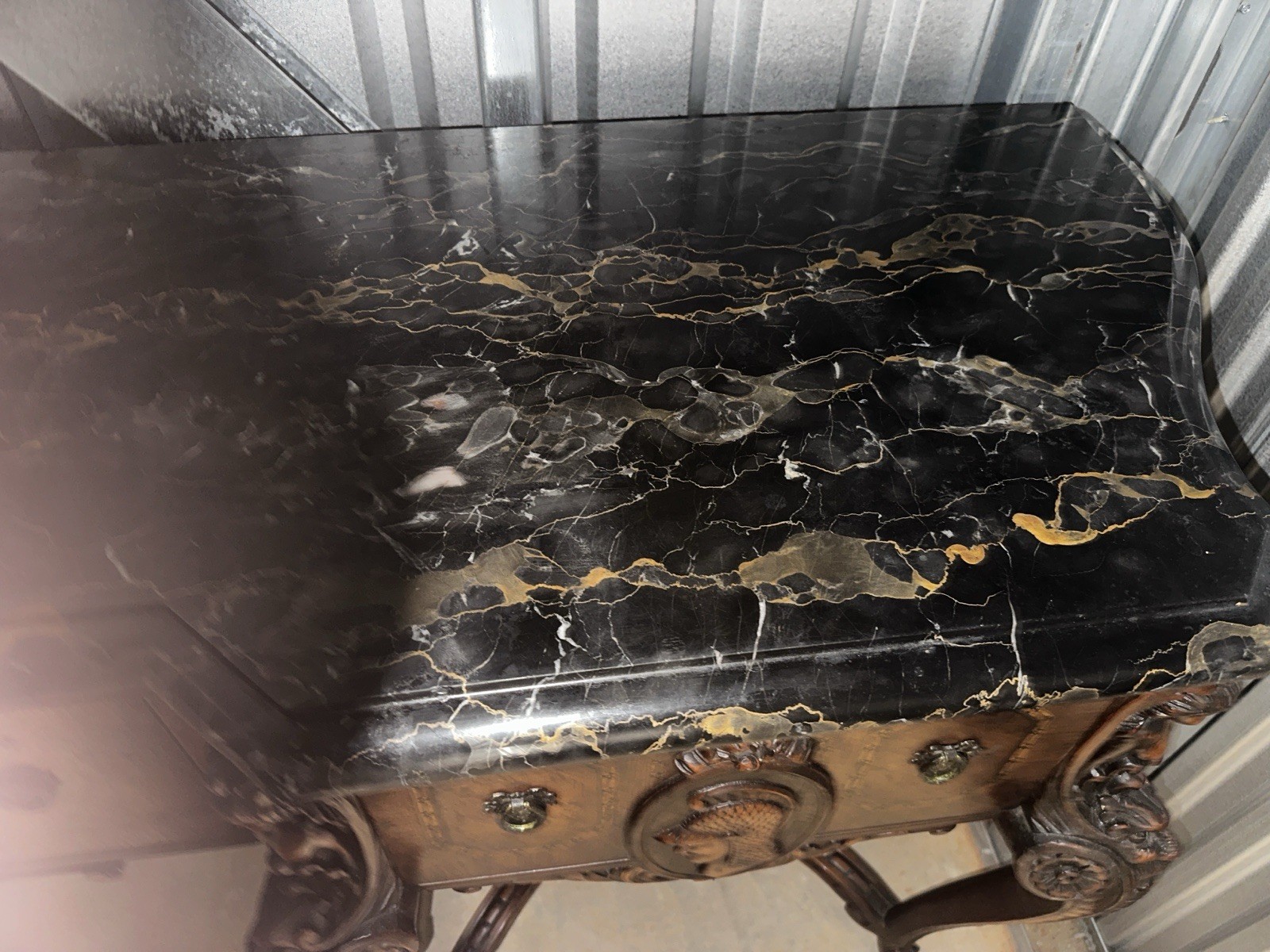 Antique Estate Walnut Black White Vein Marble Top Figural Sideboard Server