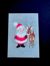 1 VTG Glittered Xmas Greeting Card Jolly Santa Adoring His Favorite Reindeer   