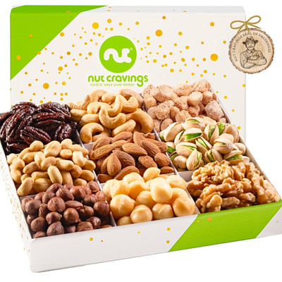 NUT CRAVINGS Dried Fruit & Mixed Nuts Gift Basket, White Gold Box, 9 Assortments