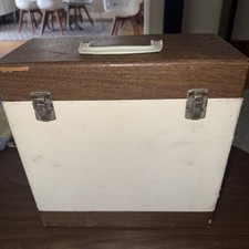 LP Record Album Carry Case : Retro 2-tone Brown/Cream Color W/ Handle All Wood