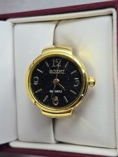 Bozhi Gold Tone Quartz Ring Watch Black Dial New Battery Retro Stretch Accessory