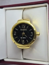 Bozhi Gold Tone Quartz Ring Watch Black Dial New Battery Retro Stretch Accessory