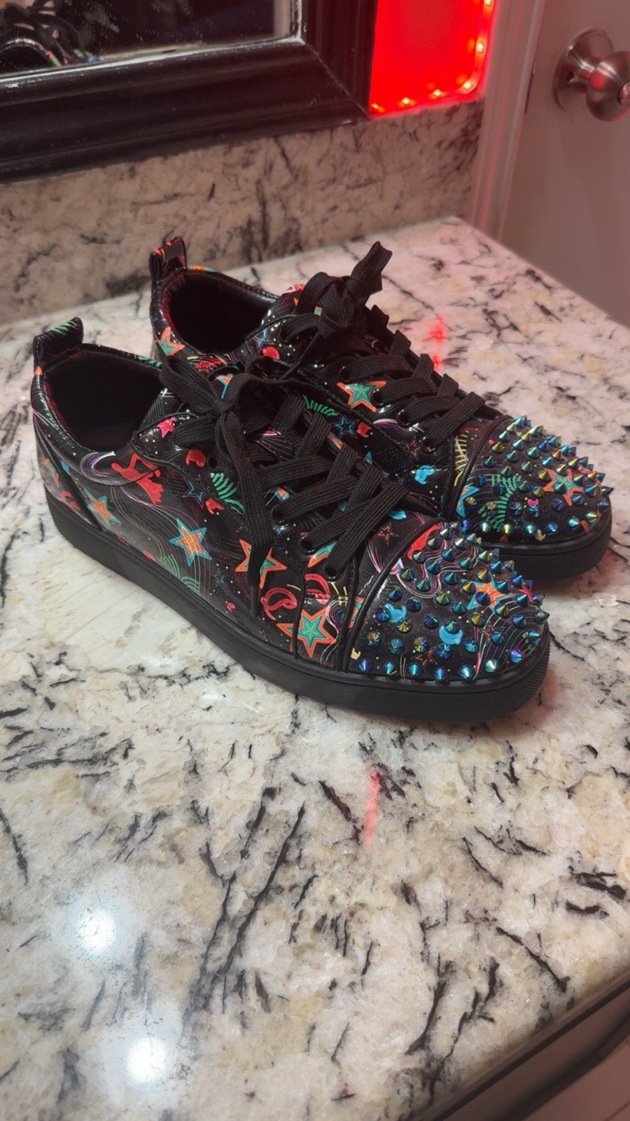 Christian Louboutin Men’s Studded Spiked Lace-Up Sneakers Black Multicolor