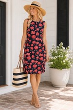 Banana Republic Floral Shift Dress Womens 12P Navy Red Sleeveless Petite